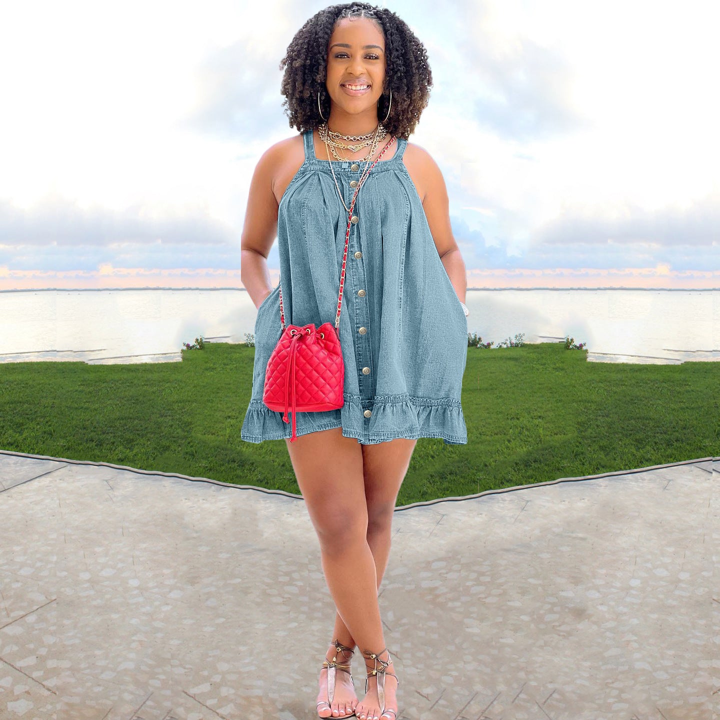 Sling Button Pocket Loose Washed-Out Denim