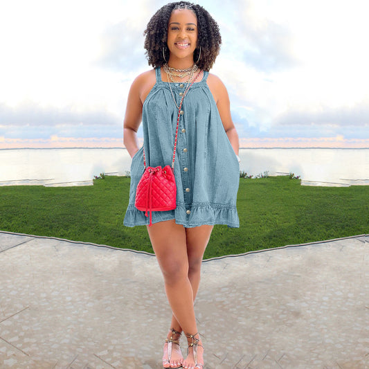 Sling Button Pocket Loose Washed-Out Denim