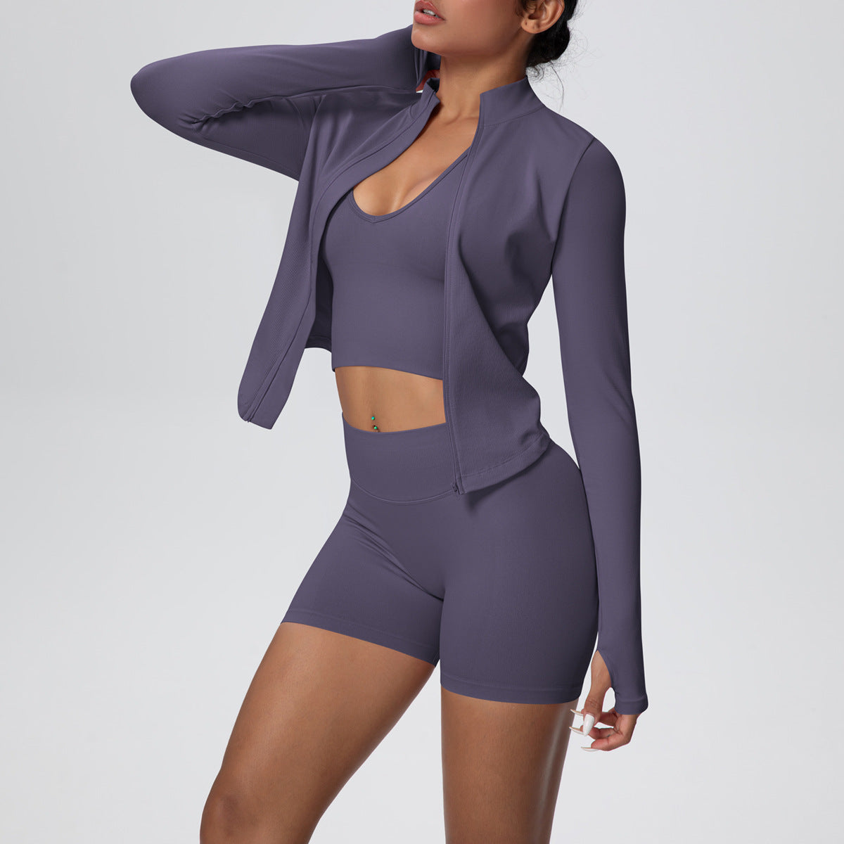 Long Sleeved Zipper Jacket + Vest + Shorts  Three Piece Set