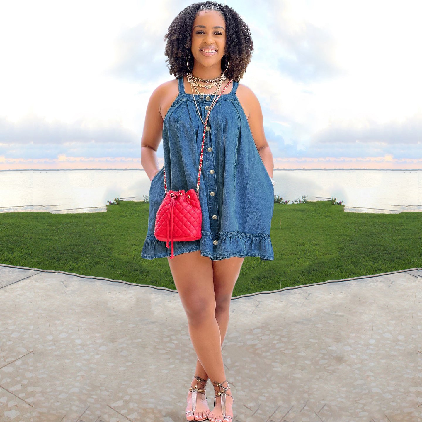 Sling Button Pocket Loose Washed-Out Denim