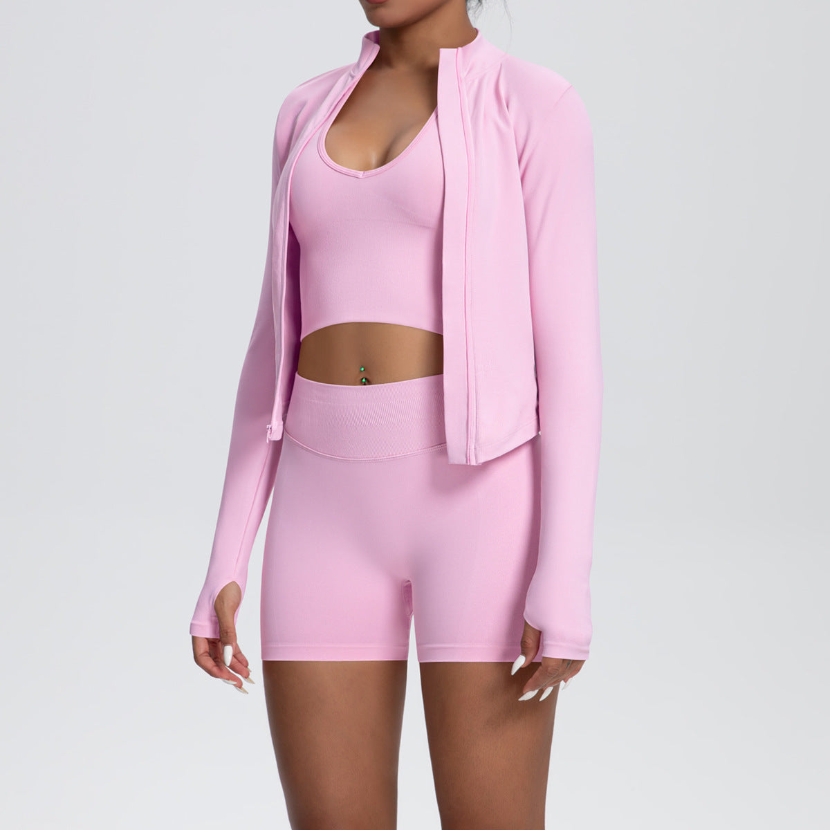 Long Sleeved Zipper Jacket + Vest + Shorts  Three Piece Set