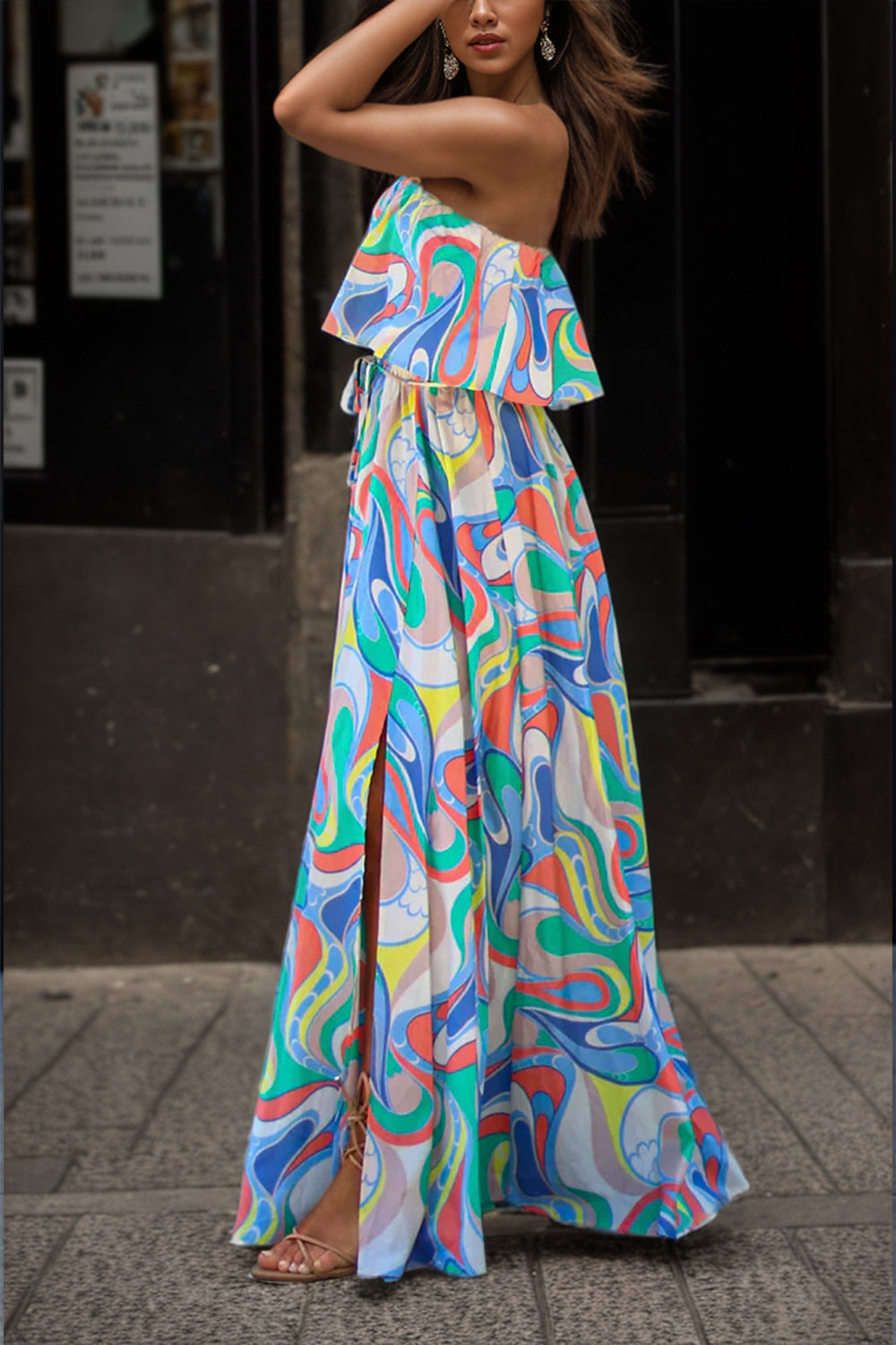 Slit Printed Tube Maxi Dress